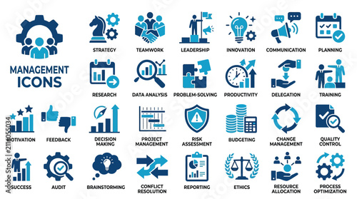 Management icons depict essential business administration.