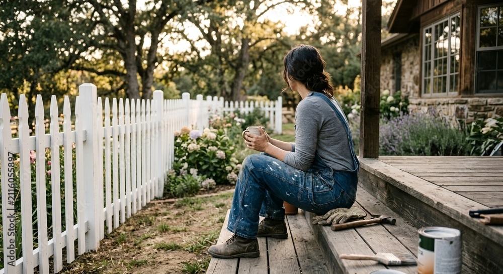Fototapeta premium Strong woman takes a break from painting the garden fence.