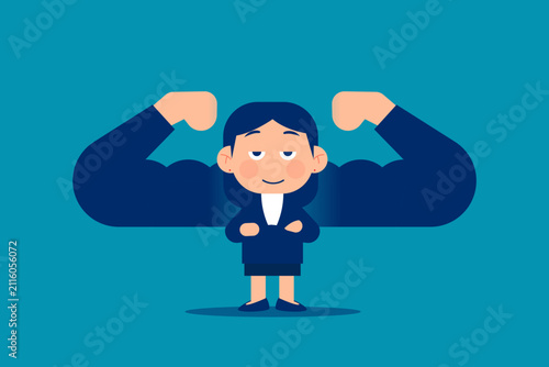 A confident businesswoman in a suit stands tall, his shadow revealing a muscular physique, symbolizing inner strength and ambition in a competitive corporate world.