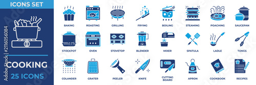 Cooking  Icons Collection Set. Containing chef, recipe, restaurant, kitchen set, cook, knife, cutting board, blender, spatula and mixer icons. Solid Style Vector illustration.