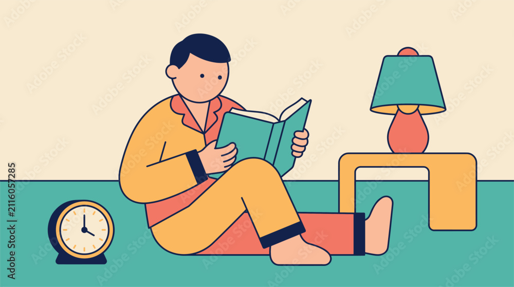 Obraz premium A flat vector illustration of a man in pajamas sitting on the floor reading a book next to a bedside lamp and clock, conveying a calm, relaxing, and cozy evening mood.