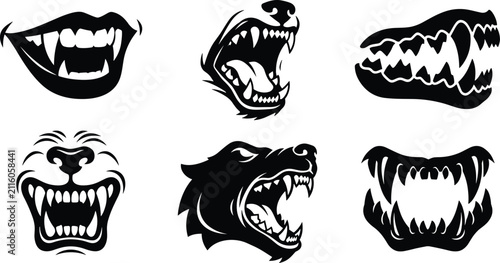 Foto Collection of fierce roaring animal jaws and vampire mouths with sharp fangs in
