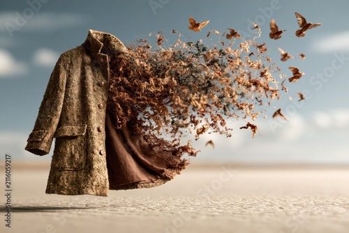 Abstract Disintegrating Coat Turning into Birds in a Surreal Landscape