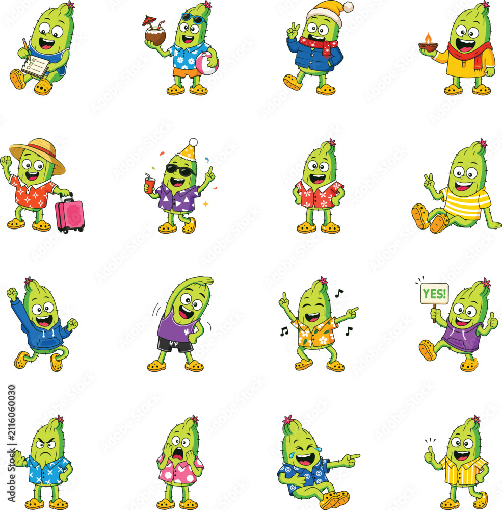 Obraz premium Colorful cactus mascots writing, traveling, partying, dancing, singing, expressing love, laughter, intelligence, seasonal moods 