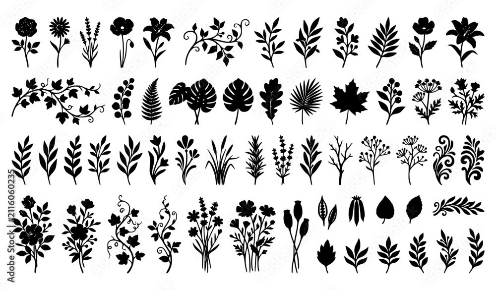 Fototapeta premium Botanical Black Silhouette Icons and Floral Elements Vector Set