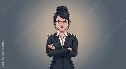 Cartoon depiction of a stern woman in a suit, arms crossed, conveying displeasure or authority, symbolizing a business context or a negative emotion, suitable for professional themes