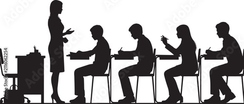 Classroom silhouette with teacher and students white background