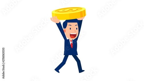 Confident businessman holding large gold coin representing high investment returns, wealth, and gold reserves.