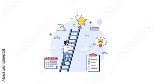 Obraz na płótnie Achieving Goals: Man climbing ladder to star