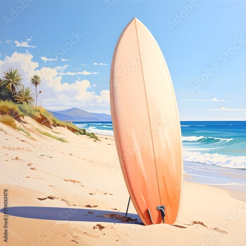 Bright Surfboard Upright on Sunny Beach with Palm Trees
