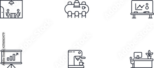 Set of office and business meeting line including conference room and coffee machine