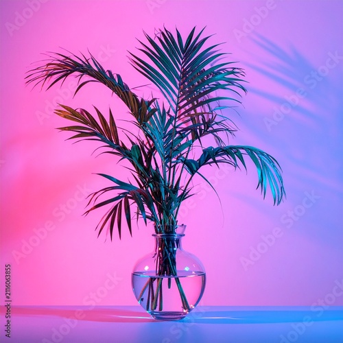 Tall Palm Leaves in Glass Vase Against Neon Pink and Blue Backdrop