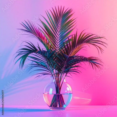 Colorful Palm Leaves in Clear Vase with Neon Backdrop