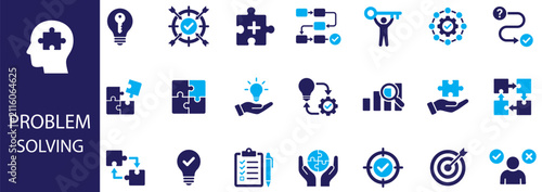 Problem solving and strategic thinking solid icon set. Includes symbols for Creative Solutions, Puzzle Pieces, and Decision Making. Solid vector icons for business strategy
