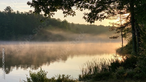 Beautiful landscape of fog rising over a calm lake at dawn. Landscape of dawn fog over a calm lake.