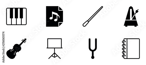 Set of eight black musical icons representing classical music instruments and accessories like a piano, violin, metronome, and conductor's baton in a simple glyph style