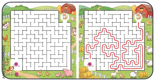 Children's farm-themed maze puzzles for educational fun  
