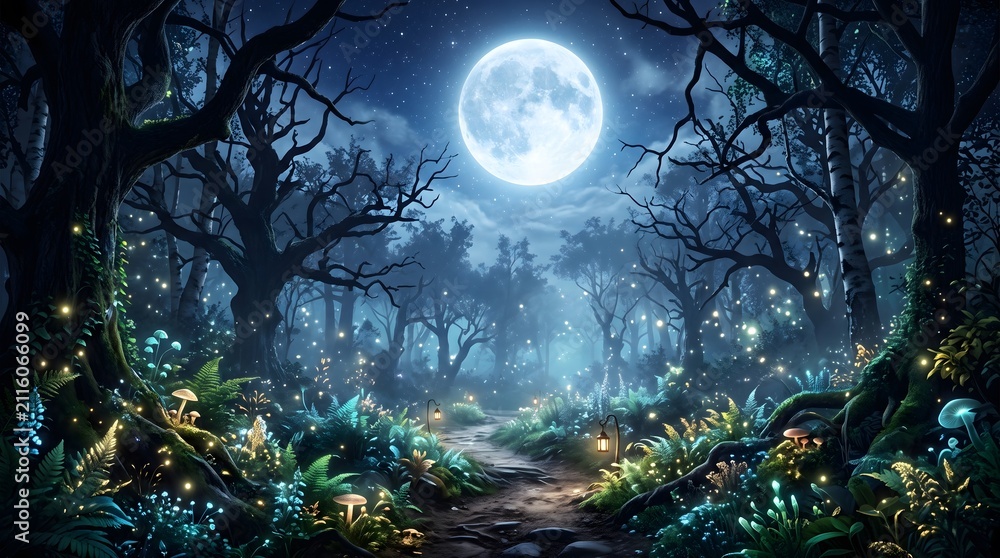 Fototapeta premium Fairytale Forest, Night Moon, A beautiful fairytale enchanted forest at night with a big moon in the sky illuminating trees and great vegetation