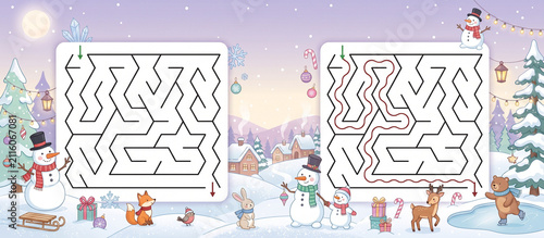 Winter maze puzzles for children with festive decorations and animals  