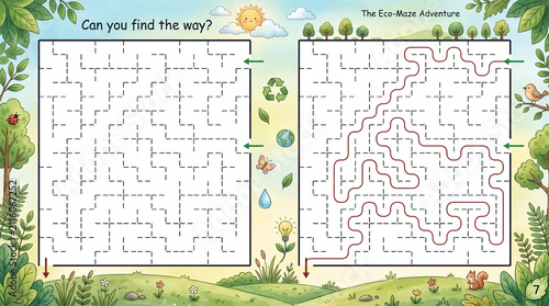 Eco maze game for kids, find the way activity page with animals and nature, educational labyrinth puzzle illustration for children