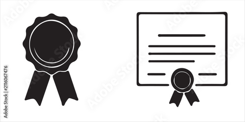 Cuadro en lienzo Two black silhouette vector icons representing a rosette award and a certificate