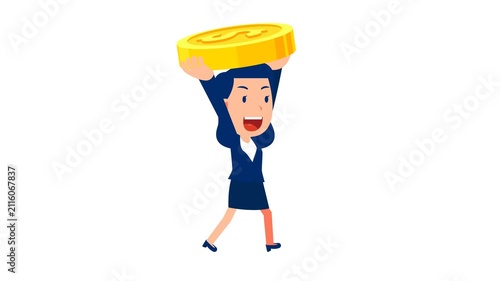 Confident businesswoman holding large gold coin representing high investment returns, wealth, and gold reserves.