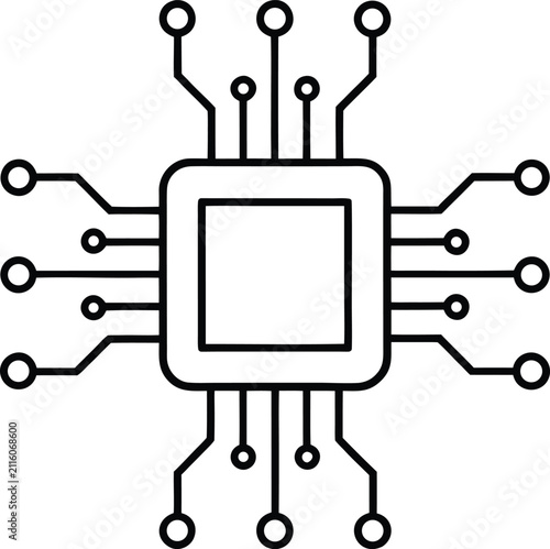 Central processing unit flat style icon, isolated on transparency background, black design with many lines and round nodes.