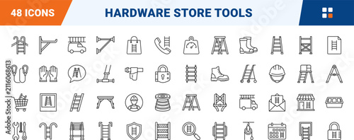 Hardware equipment line icon set. Vector pictograms of ladder, tool, safety, and scaffolding elements, thin linear illustration.