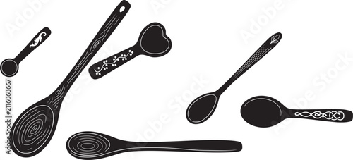 Set of quinoa seeds in wooden spoon icons featuring colored flat line art and silhouette styles