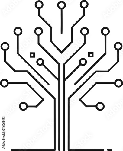 Circuit board pattern as electronic tree of life symbolizing connections technology and digital network black outline.