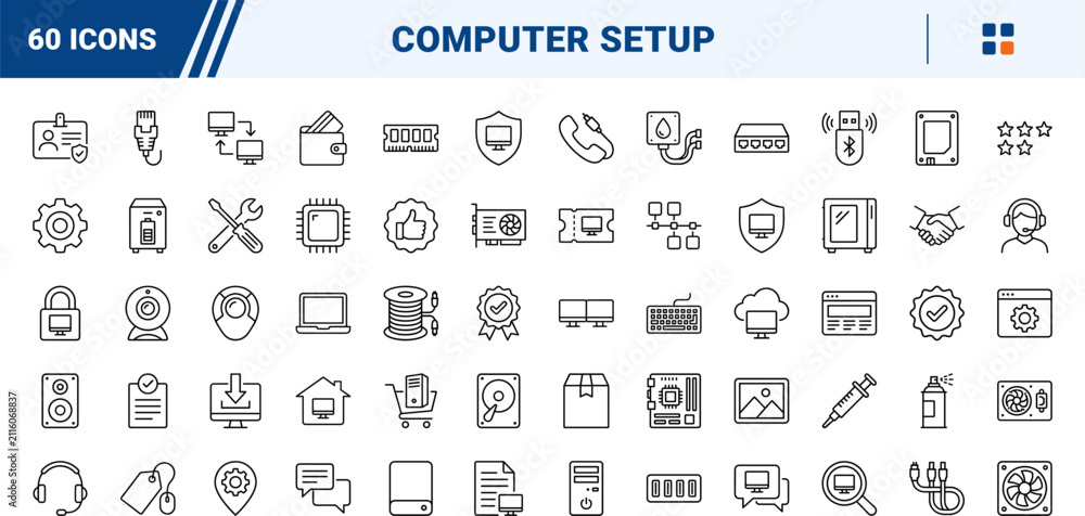 Fototapeta premium Computer Setup Service line icon set. Vector pictograms of hardware, installation, networking, and support elements, thin linear illustration.