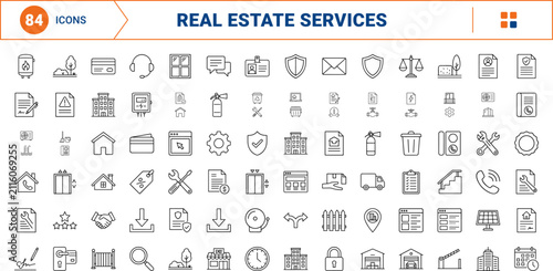 Block management service icons line icon set. Vector pictograms of property, maintenance, tenant, and building elements, thin linear illustration.