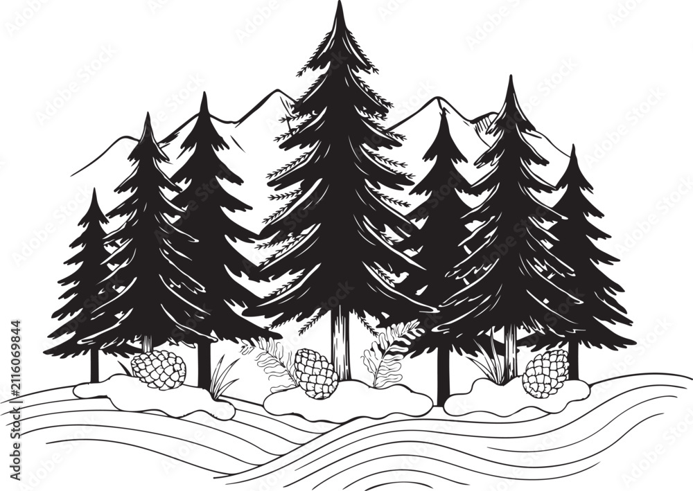 Obraz premium Detailed christmas tree in snowy winter forest landscape hand drawn sketch