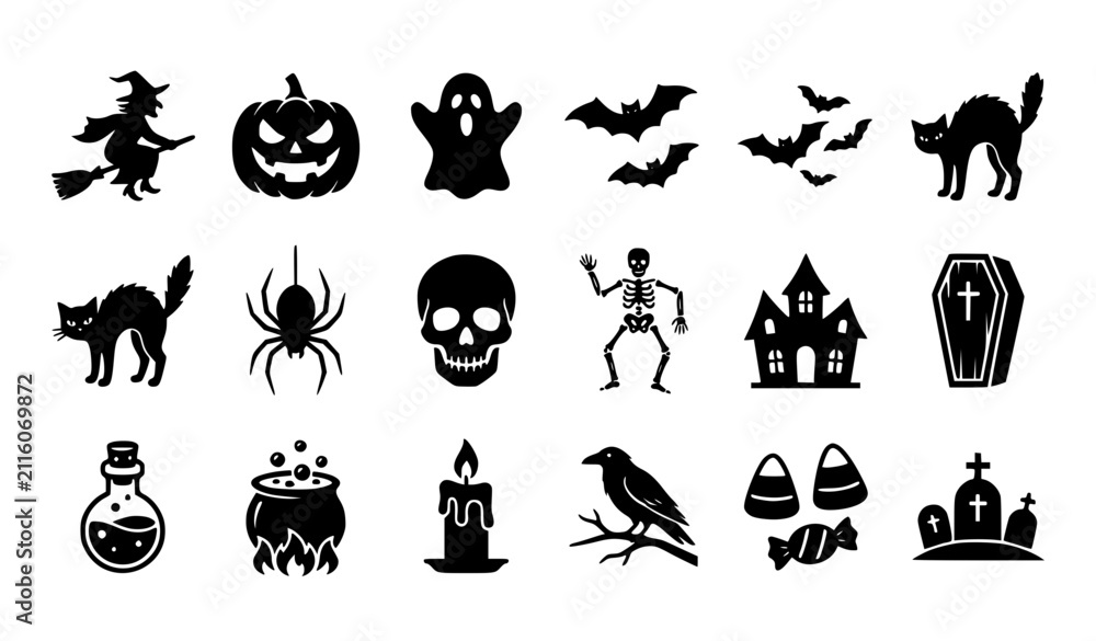 Fototapeta premium Halloween Black Silhouette Vector Icon Collection