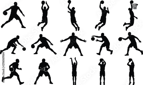 Basketball Player Silhouette Set with Dribbling Shooting Passing and Dunk Action Poses Collection