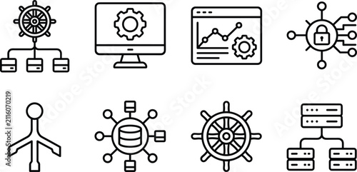 Cloud Computing and Network Administration Icon Set with Server Datacenters, Security Locks, Management Wheels, System Optimization Gears, and Database Infrastructure Layouts