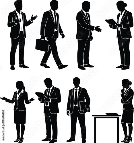 Business People Silhouette Set with Professional Office Worker Poses Isolated on White Background