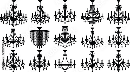Classic Crystal Chandelier Silhouette Vector Set Isolated on White Background for Interior Lighting Design