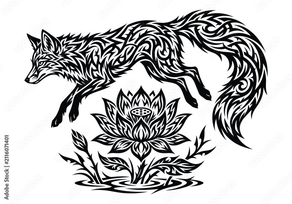 Obraz premium Tribal Fox Spirit Leaping Over Blooming Lotus Flower With Water Reflections And Spiky Stems In Black And White Stylized Art Illustration Representing Nature And Animalistic Energy For Decorative