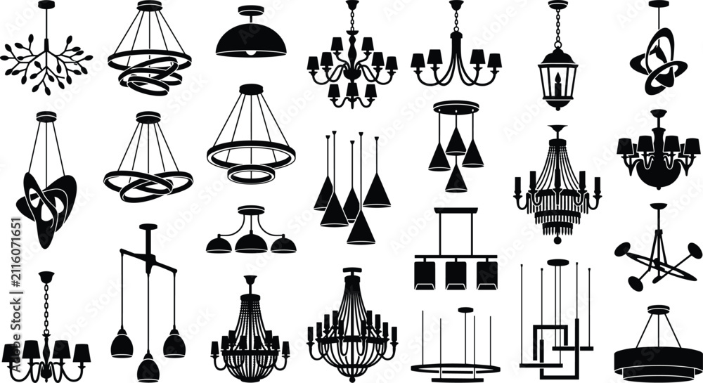 Naklejka premium Modern and Classic Ceiling Lights Chandelier Black Silhouette Vector Collection