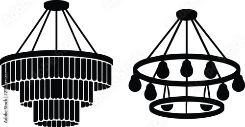 Modern Crystal Chandelier and Hanging Light Fixture Silhouette Vector Isolated on White Background