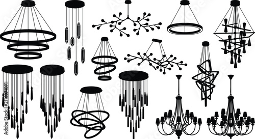 Modern and Contemporary Chandelier Silhouette Vector Set Isolated on White Background for Interior Lighting Design
