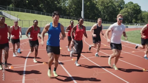 A diverse group of athletic individuals trains together by running on an outdoor sports track during a sunny day to improve their overall fitness and endurance through persistent cardiovascular