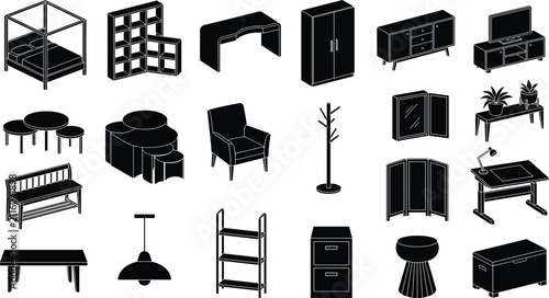 Modern Furniture Silhouette Icon Collection with Home Interior Objects Isolated on White Background