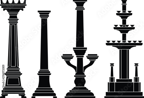 Ornamental Architectural Pillars and Decorative Columns Black Silhouette Vector Collection
