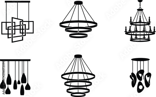 Modern Geometric Pendant Lights and Tiered Chandelier Black Silhouette Collection