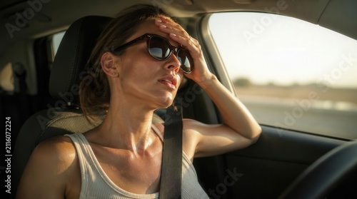 Exhausted woman wiping sweat inside a hot car during a warm summer heatwave in a close-up photo.