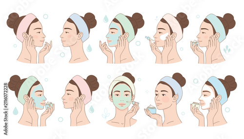 Set of illustrations featuring a woman performing a daily skincare routine with beauty products like facial masks and serums.
