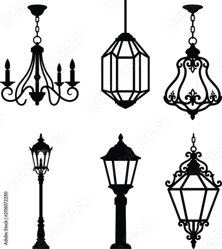 Vintage Chandelier and Street Lamp Silhouette Vector Collection Isolated on White Background for Interior and Exterior Design Projects