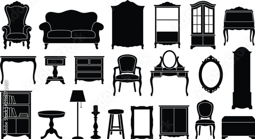 Vintage Furniture Silhouette Collection with Classic Home Interior Elements Isolated on White Background